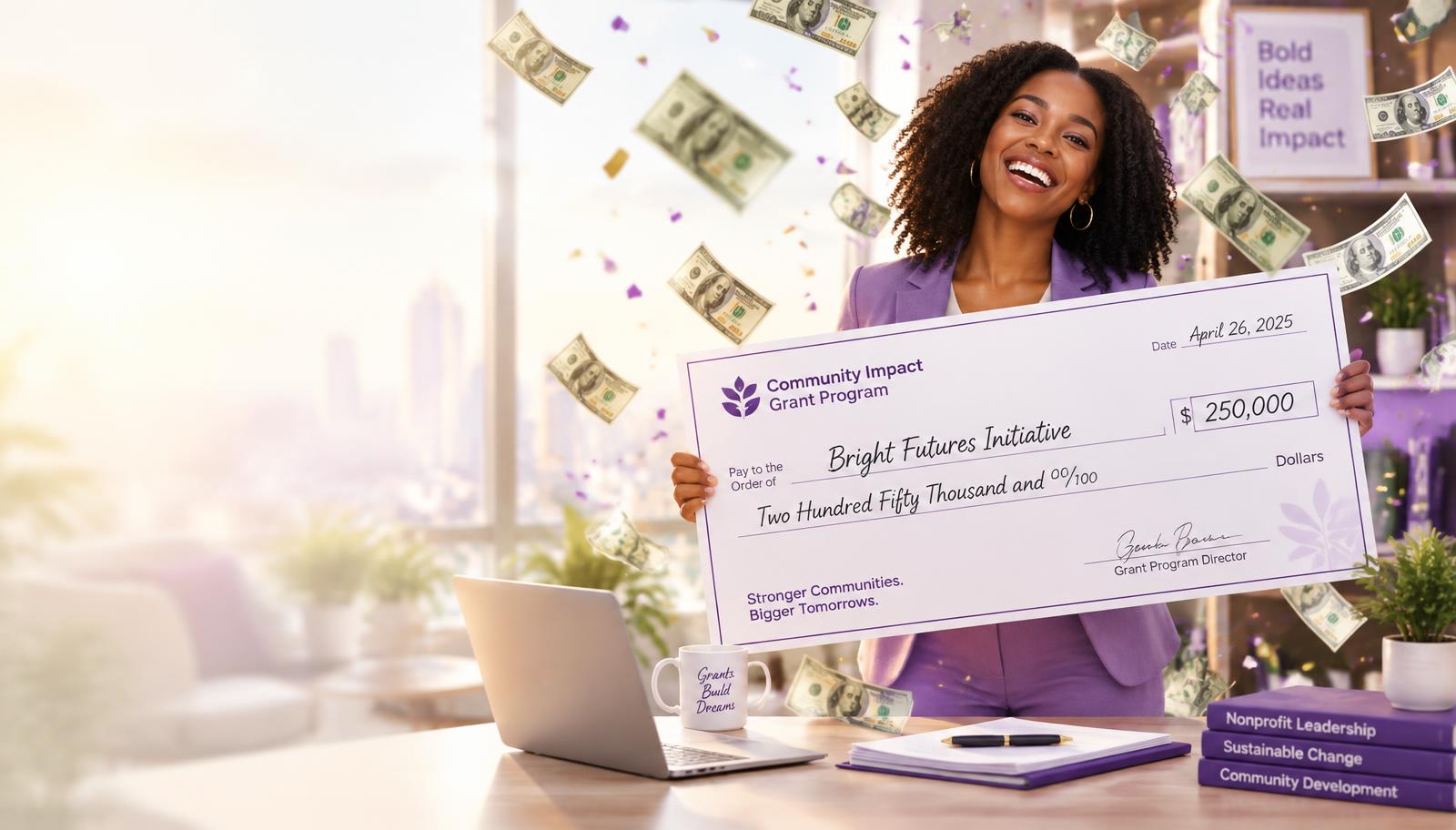 Business owner celebrating a grant win with an oversized check while money flows through the air